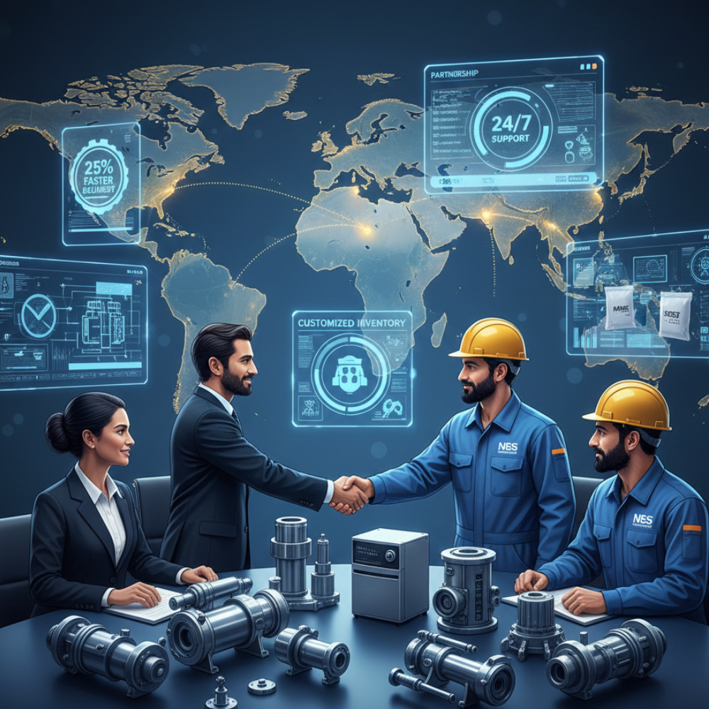 NBS Marine Solutions client handshake marine spare parts supplier offshore oil rig supplier IOTC Petrobras Ocean Engineering Dubai Kehar Drilling 25% faster emergency spare parts 24/7 technical support customized inventory Pune Mumbai shipping corridor