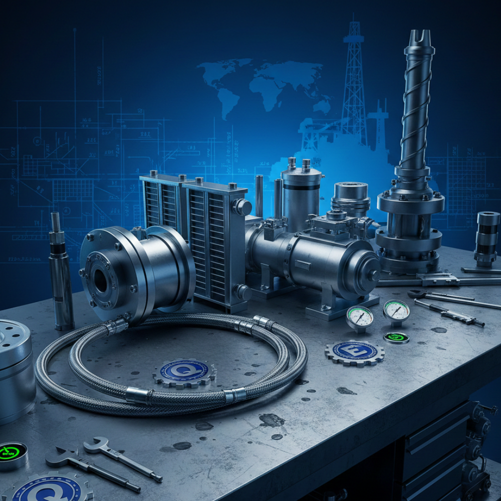 Precision-engineered hydraulic hoses refrigeration systems offshore rig components ISO certified quality control marine spare parts supplier Pune engineering workbench