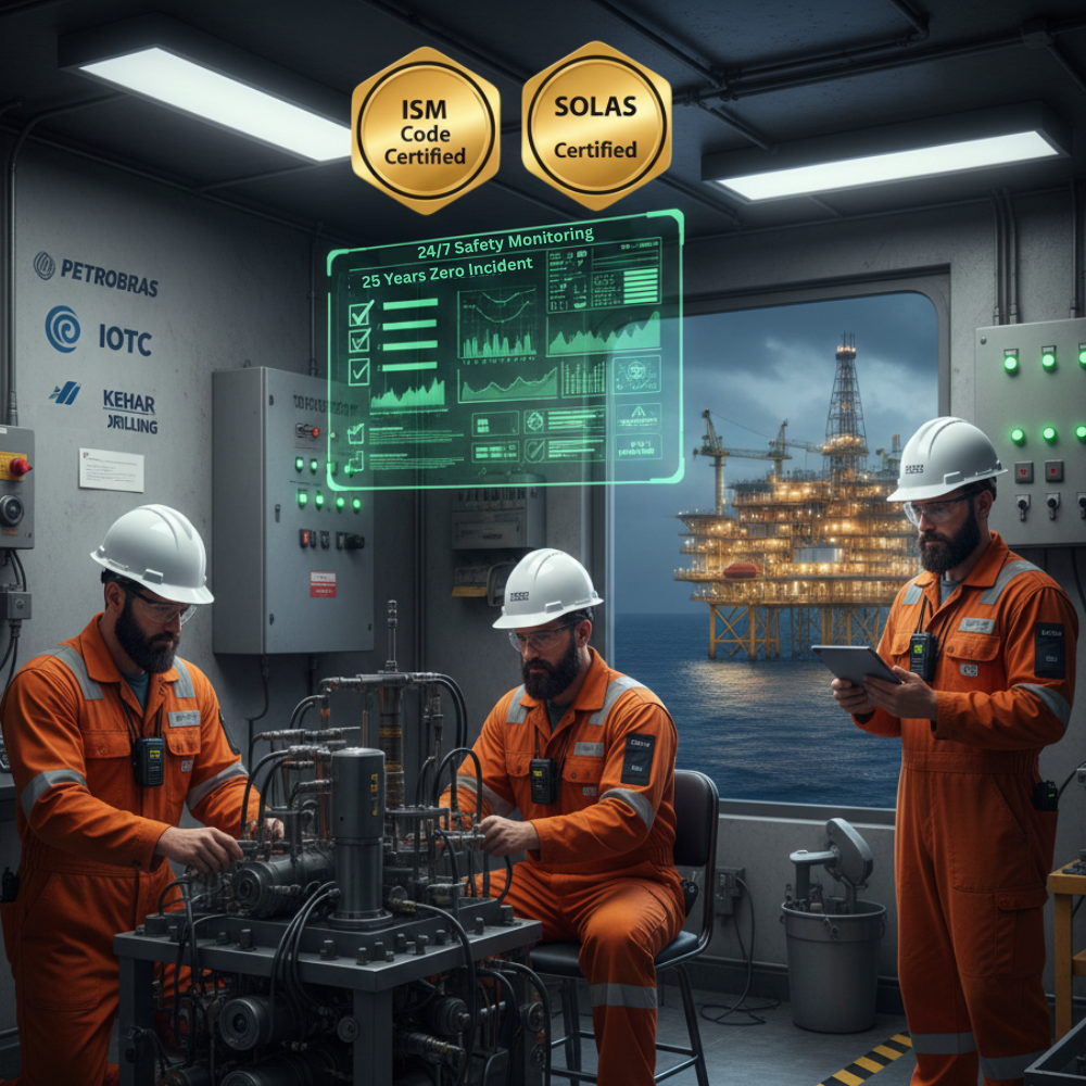 offshore rig workers full PPE hydraulic installation ISM Code SOLAS certified badges 24/7 safety monitoring 25 years zero incident marine spare parts supplier offshore oil rig supplier Petrobras IOTC Kehar Drilling