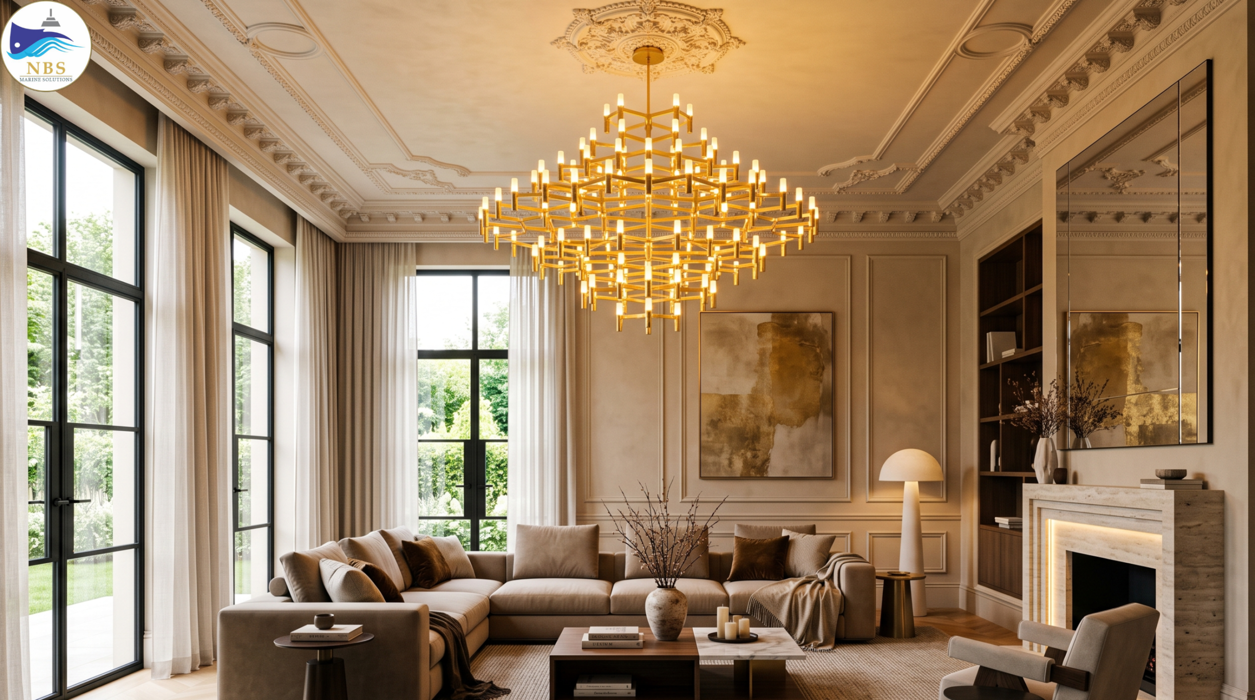 Modern luxury living room interior featuring a large golden LED chandelier by NBS Marine Solutions