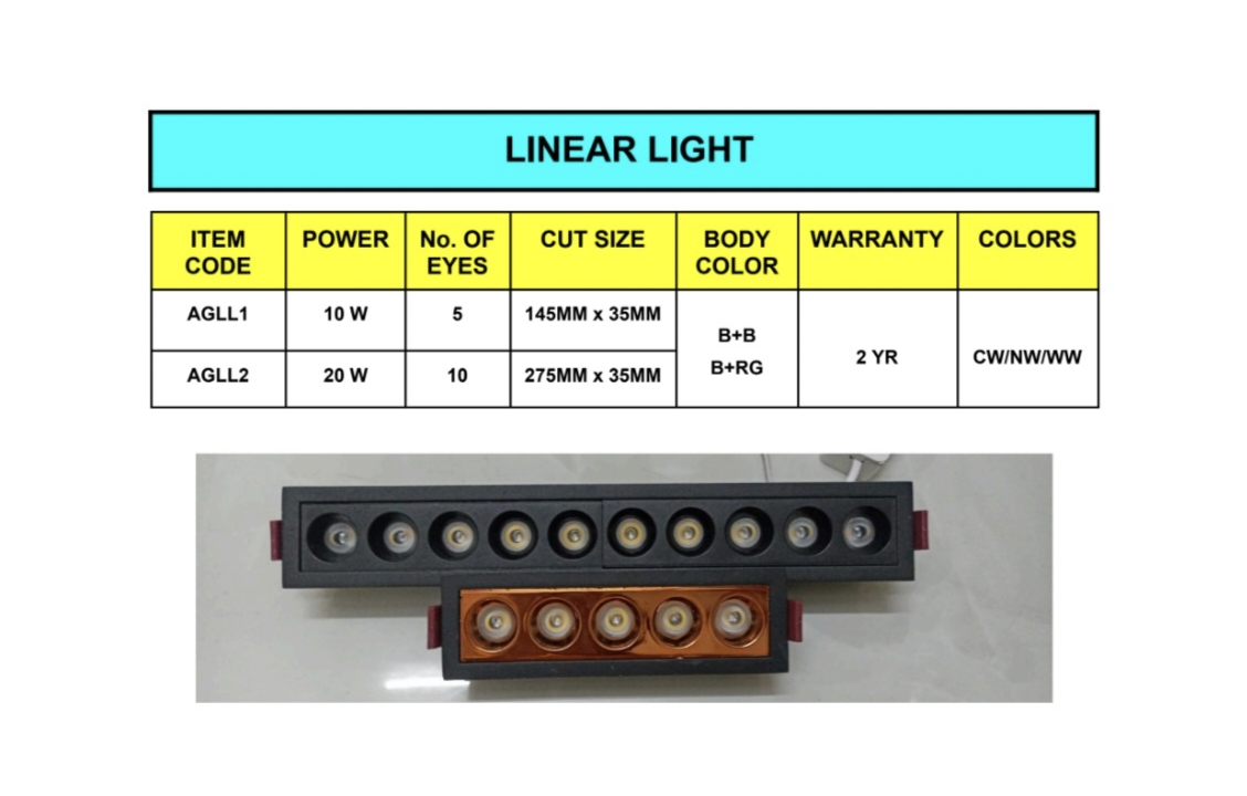 NBS Marine Solutions multi-eye LED recessed linear grille light fixtures in black and rose gold finishes
